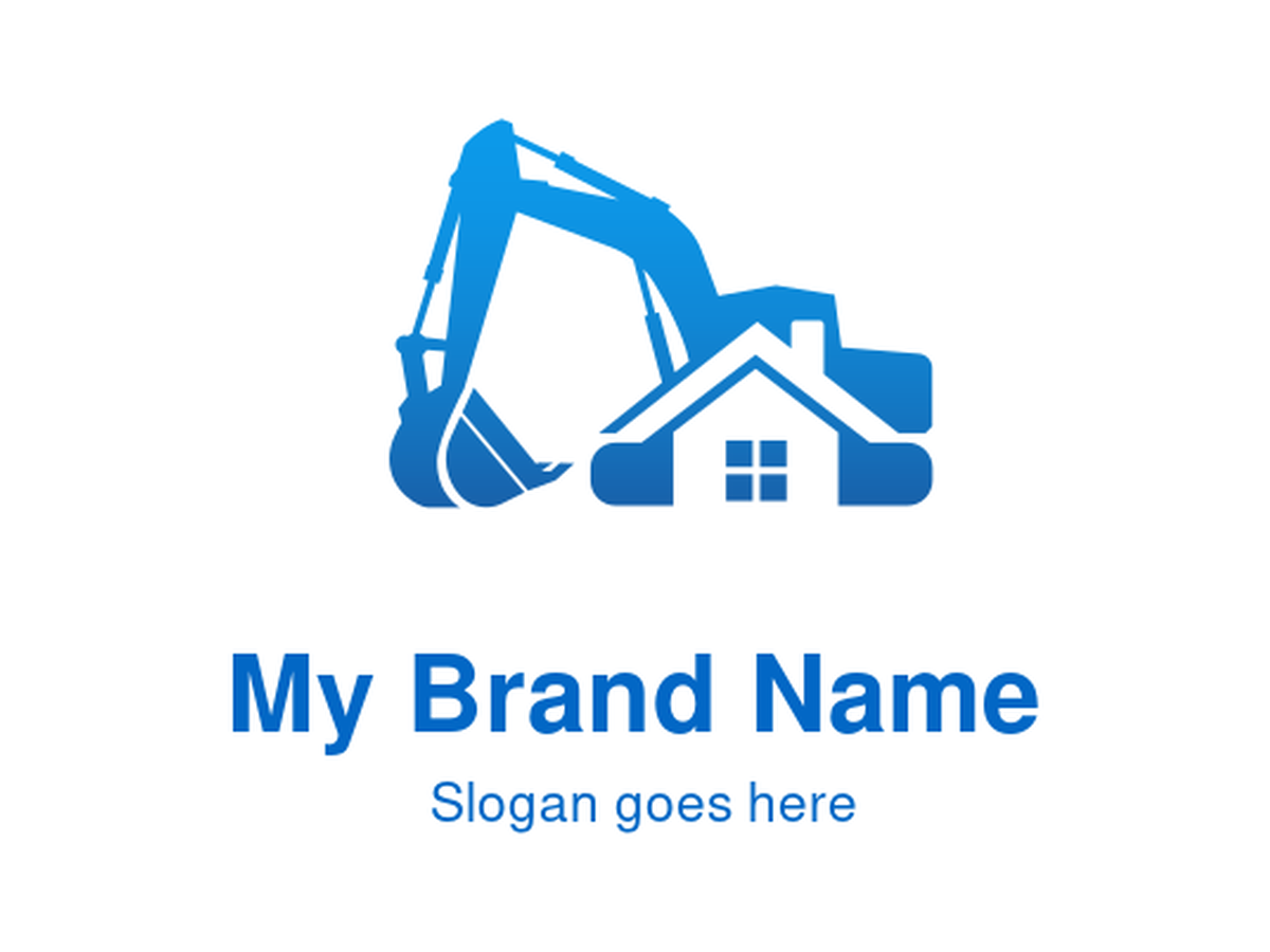 Blue Excavator Digger and House Symbol for Residential Construction and Demolition Services